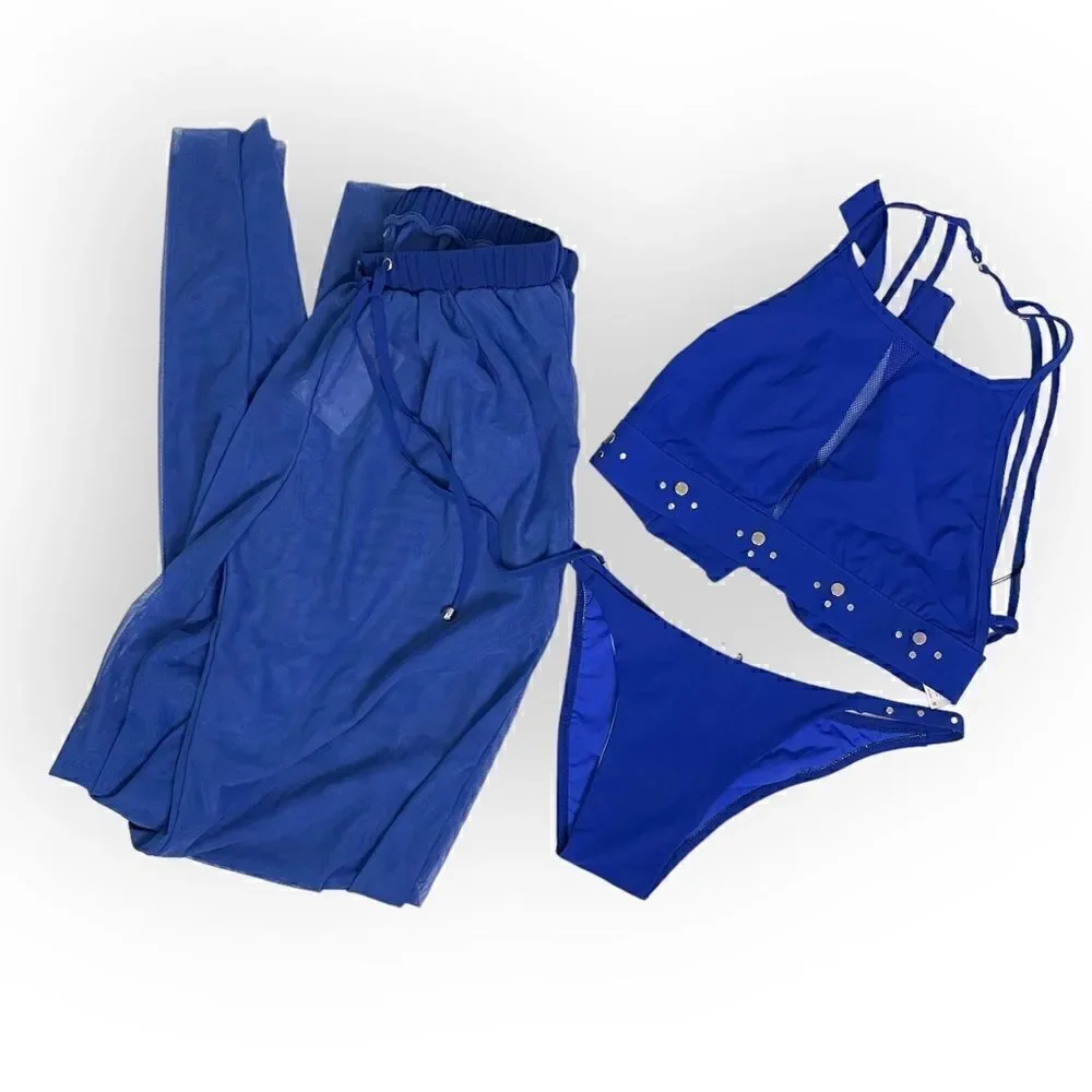 SHAN Three Piece Bikini Swimsuit Set: Top, Bottoms, Coverup Pants in Royal Blue